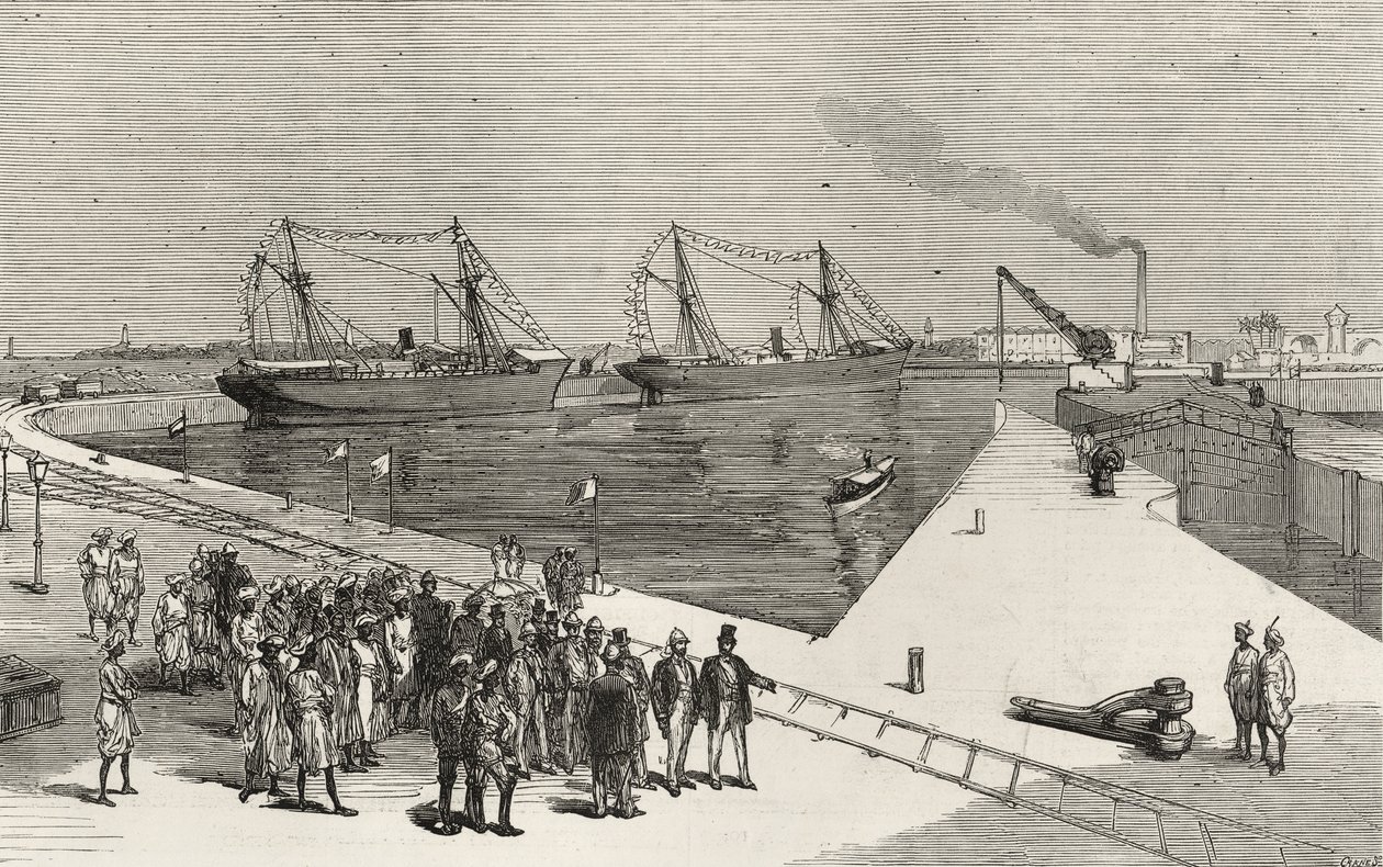 Návštěva indického místokrále v doku Sassoon v Bombaji, z „The Illustrated London News“, 25. prosince 1875 od English School