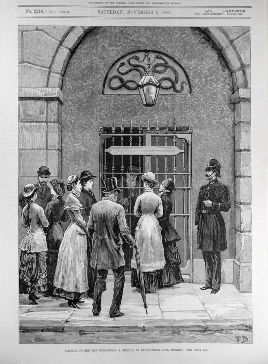 Čekání na vězně; Sketch at Kilmainham Jail, Dublin, z „The Illustrated London News“, 11. května 1881 od English School
