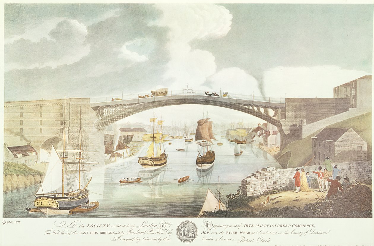 Západní pohled na litinový most postavený Rowlandem Burdonem Esq., MP, přes řeku Wear v Sunderlandu, kolem roku 1796 (ručně kolorovaná rytina) od English School