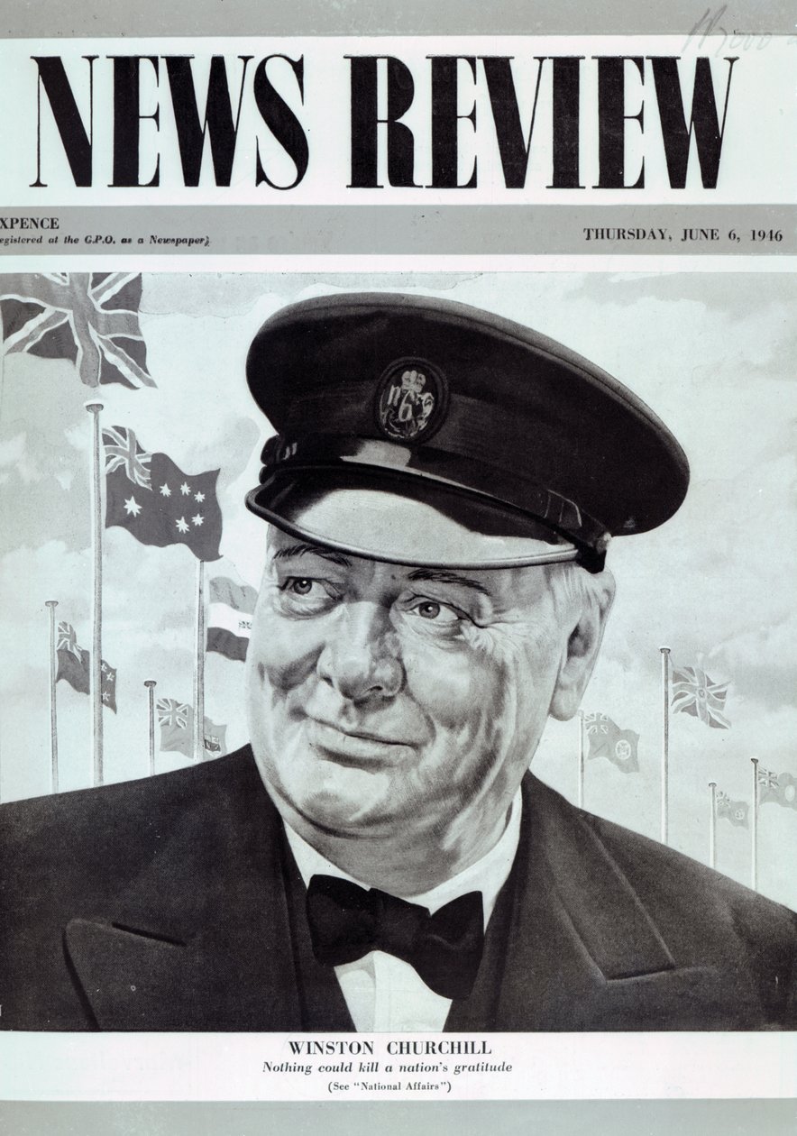 Winston Churchill, z titulní strany časopisu News Review, 6. června 1946 (tisk) od English School