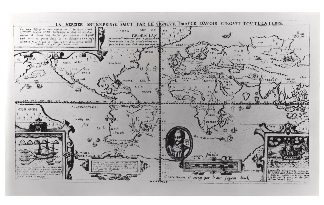 Mapa světa s podrobnostmi o expedicích a globálním obeplutí Sira Francise Drakea (asi 1540-96) 1577-2580 od English School