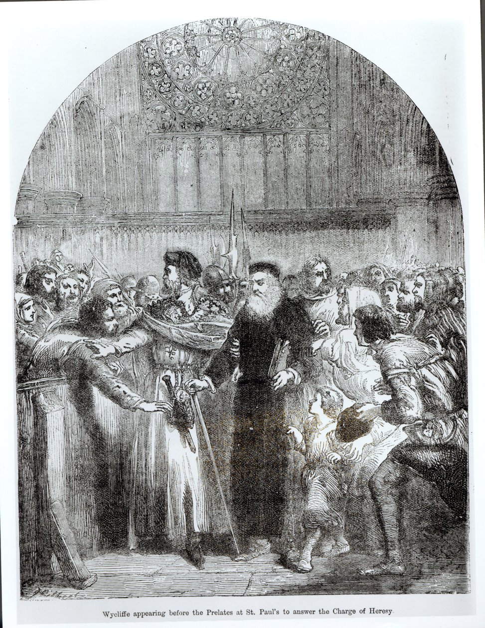 Viklef předstupuje před preláty v katedrále svatého Pavla, aby se zodpovídal z obvinění z kacířství v roce 1377. od English School
