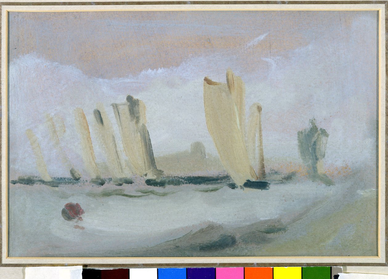 Yacht Racing on the Solent, dříve připisovaný J.M.W. Turner (1775-1851) a také připisován Peteru de Wintovi (1784-1849), kolem 1827 (olej na papíře) od English School