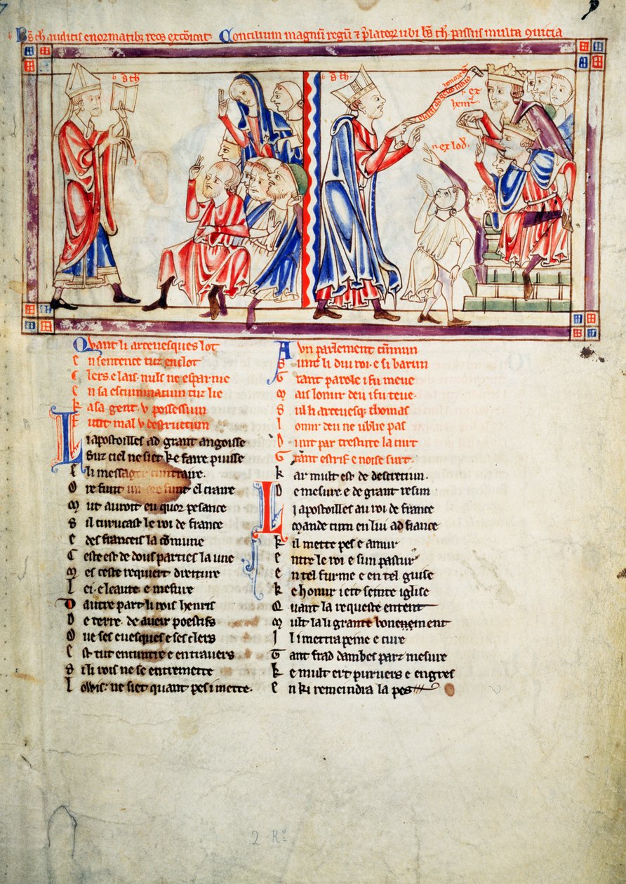 f.2 LtoR Thomas a Becket vynáší rozsudek exkomunikace nad svými nepřáteli a argumentuje svým případem před anglickým králem Jindřichem II. a francouzským králem Ludvíkem VII., z Becketových listů, kolem 1220-40 od English School
