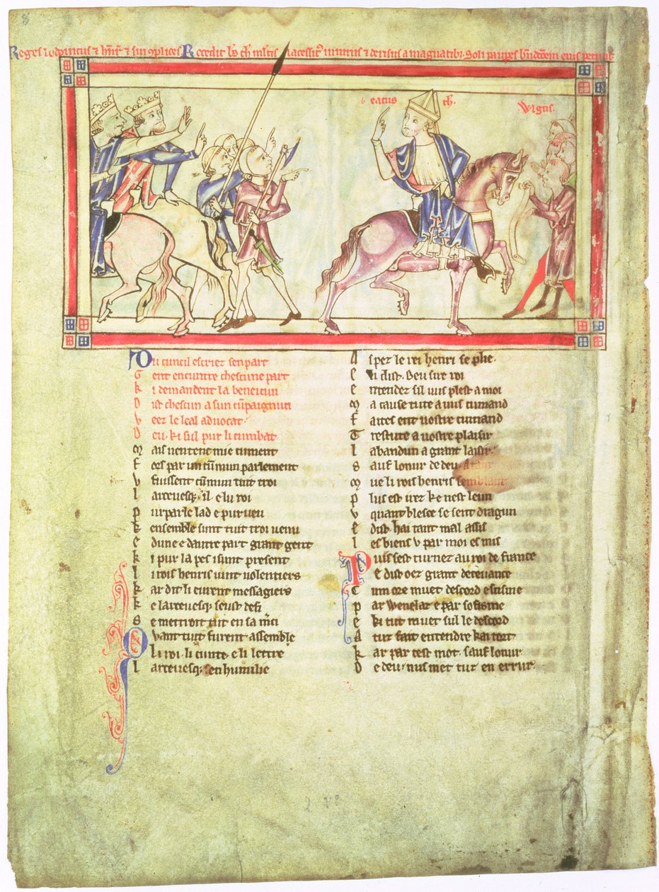 f.2v Thomas a Becket odchází od anglického krále Jindřicha II. a francouzského Louise VII. od English School