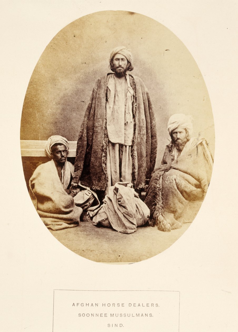 Afghan Horse Dealers, Soonnee Mussulmans, Sind, z The People of India, J. Forbes Watson, publikováno 1868 (tisk alba) od English Photographer