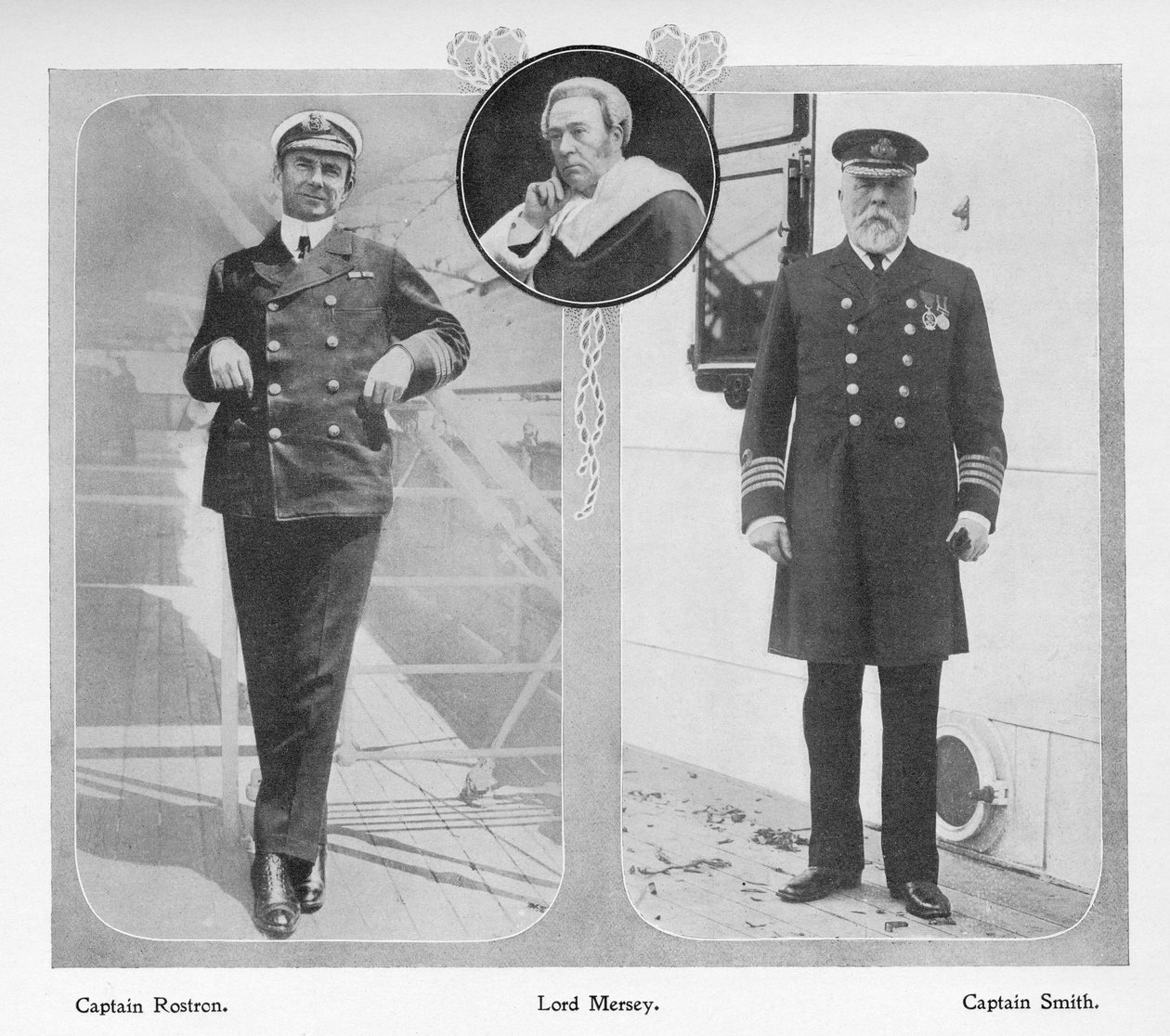 Arthur Henry Rostron, kapitán RMS Carpathia, která zachránila přeživší Titanic (vlevo), Lord Mersey, který vedl vyšetřovací komisi Titanicu (uprostřed) a Edward John Smith, kapitán Titaniku (vlevo od English Photographer