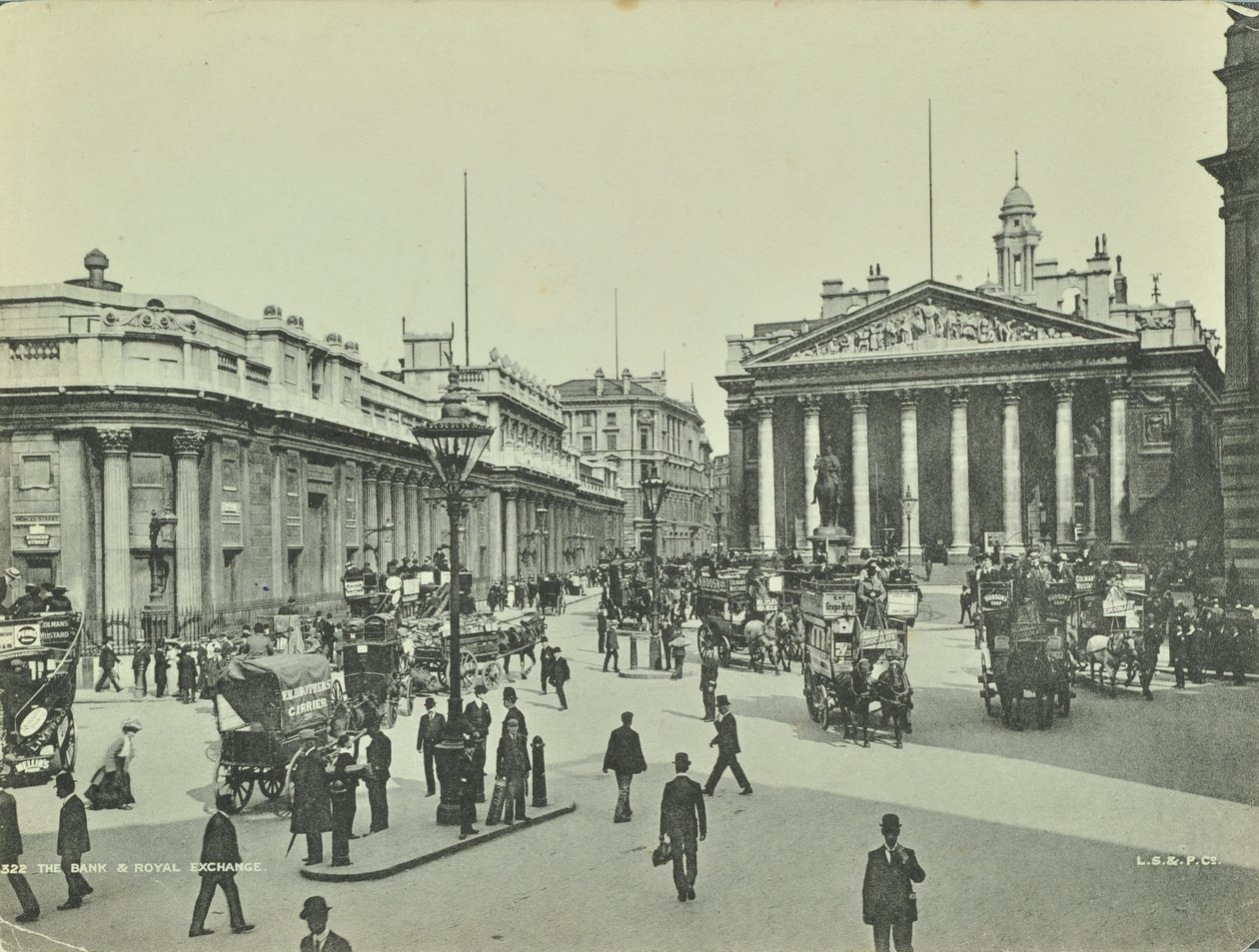 Bank of England a Royal Exchange, Threadneedle Street, City of London, 1890 od English Photographer