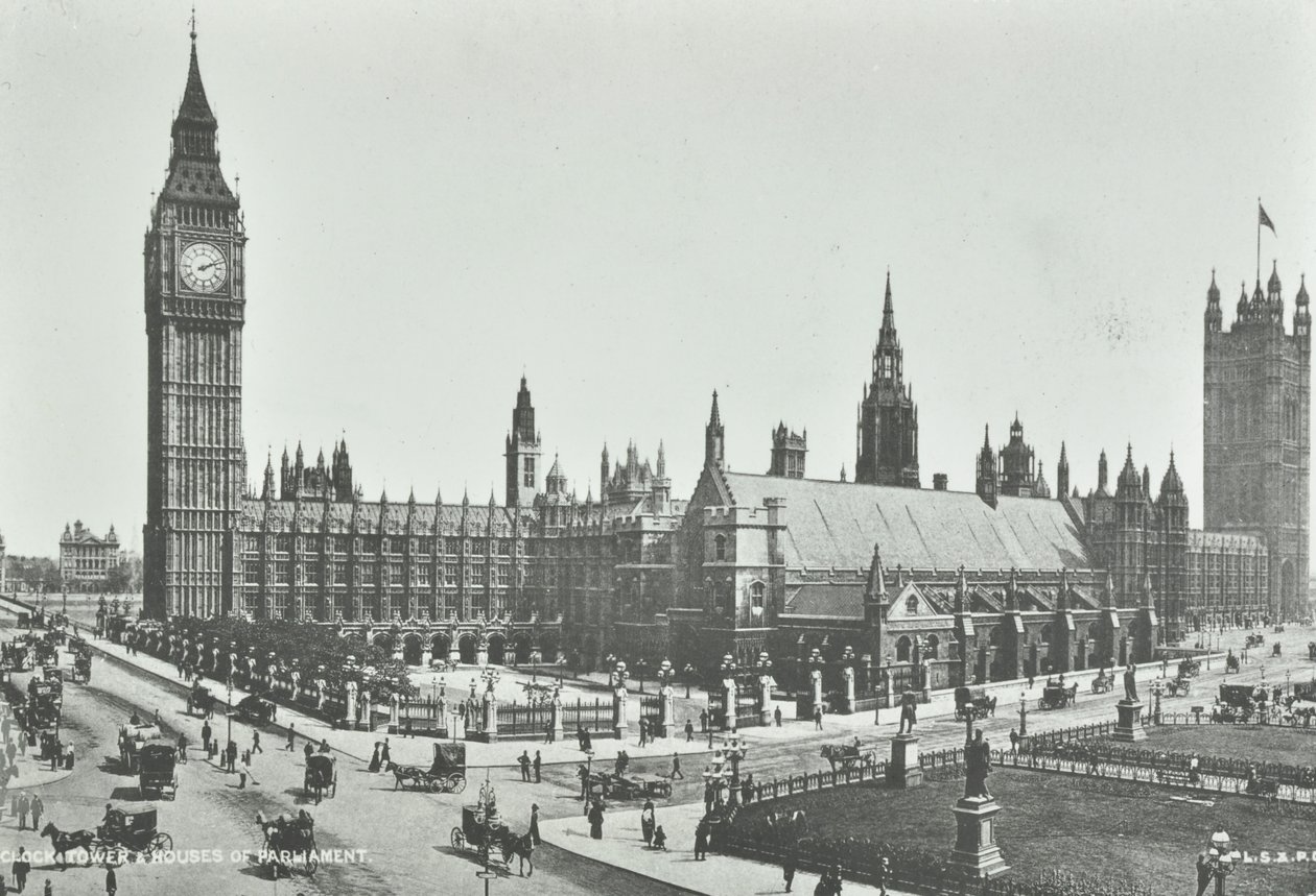 Parliament Square, Westminster LB: při pohledu na východ k Big Ben a Houses of Parliament, 1895 od English Photographer