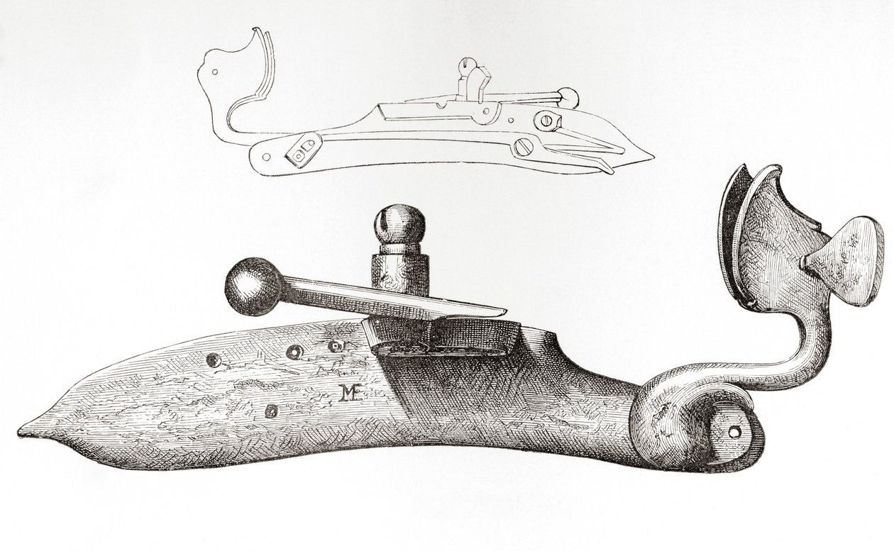 Matchlock ze 17. století. Mechanismus nebo zámek používaný pro střelbu z ruční střelné zbraně, z knihy The British Army: Its Origins, Progress and Equipment, publikované v roce 1868. od English School