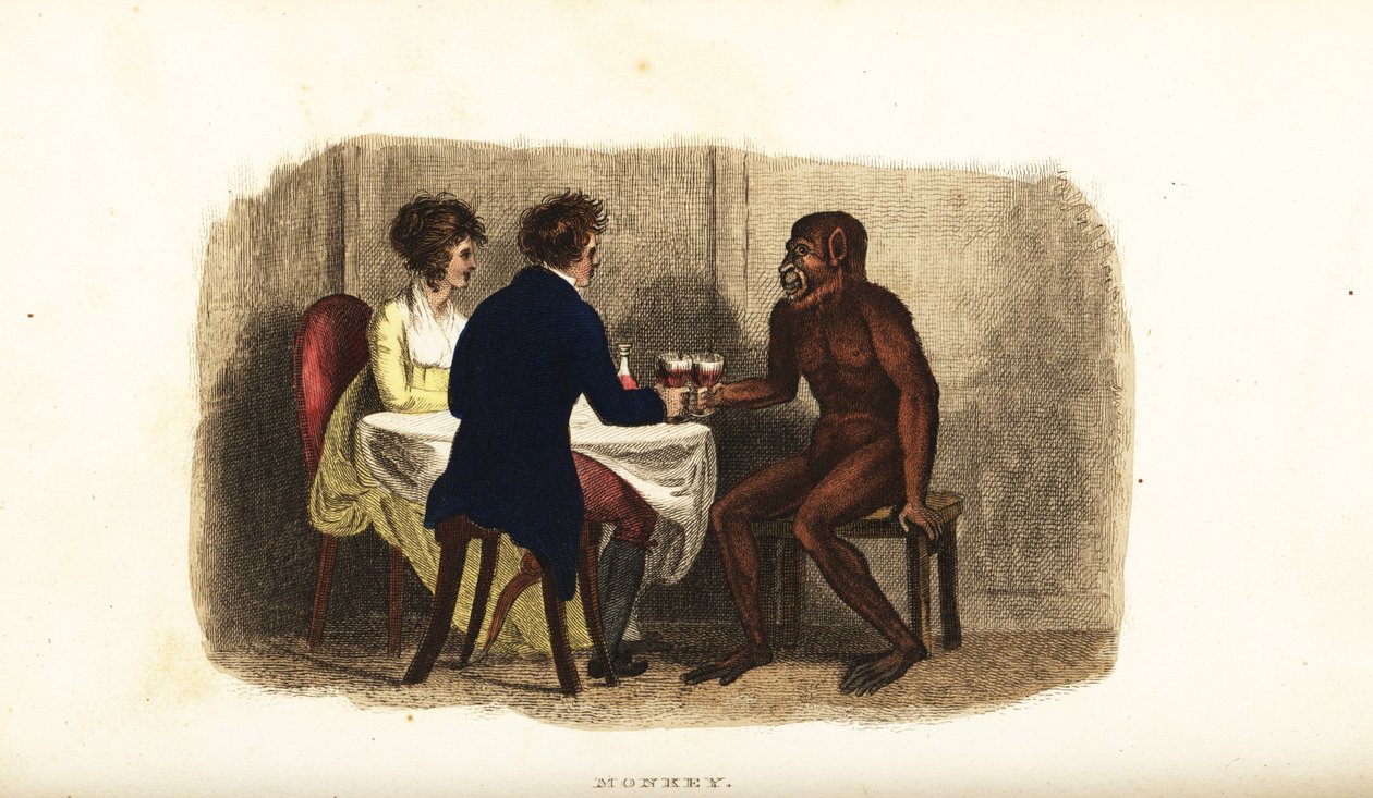 Holandský pár z 18. století popíjející víno s bornejským orangutanem u jídelního stolu od English School