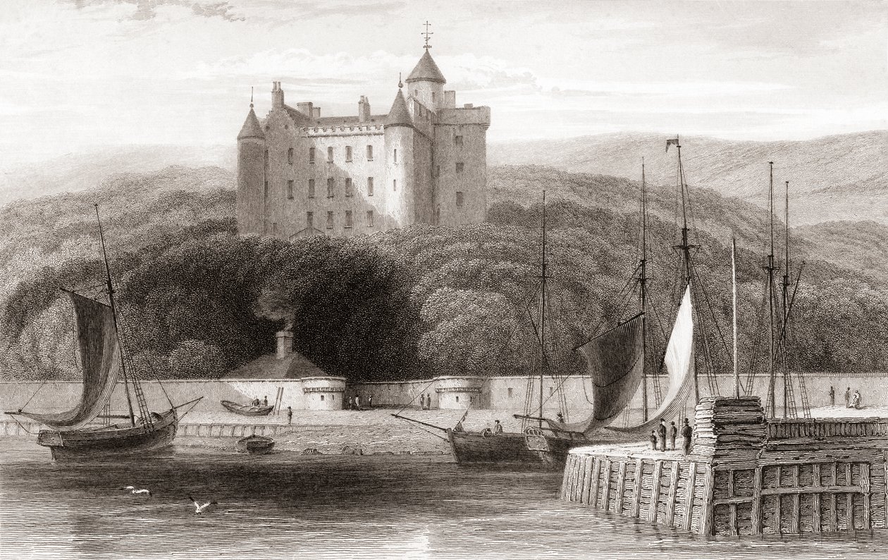 Pohled na hrad Dunrobin z 19. století, Sutherland, Skotsko. Z Churtonovy galerie portrétu a krajiny, publikované 1836. od English School