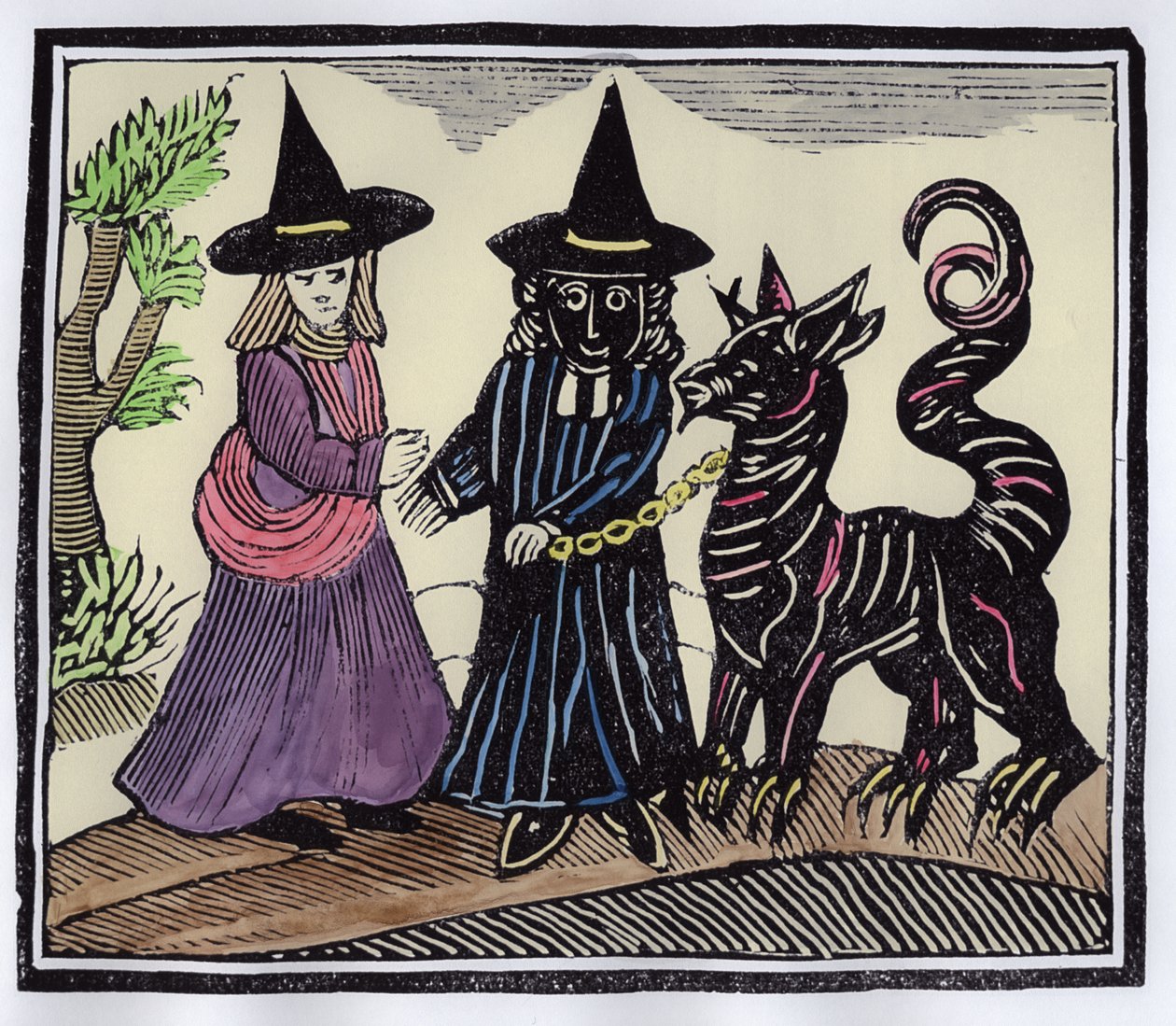 Černobílá čarodějnice s ďábelským zvířetem, ilustrace ze sbírky učebnic o esoterice (později kolorování) od English School