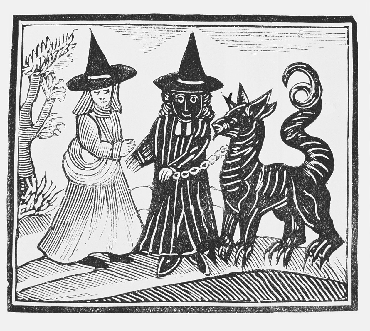 Černobílá čarodějnice s ďábelským zvířetem, ilustrace ze sbírky esoterických knih od English School
