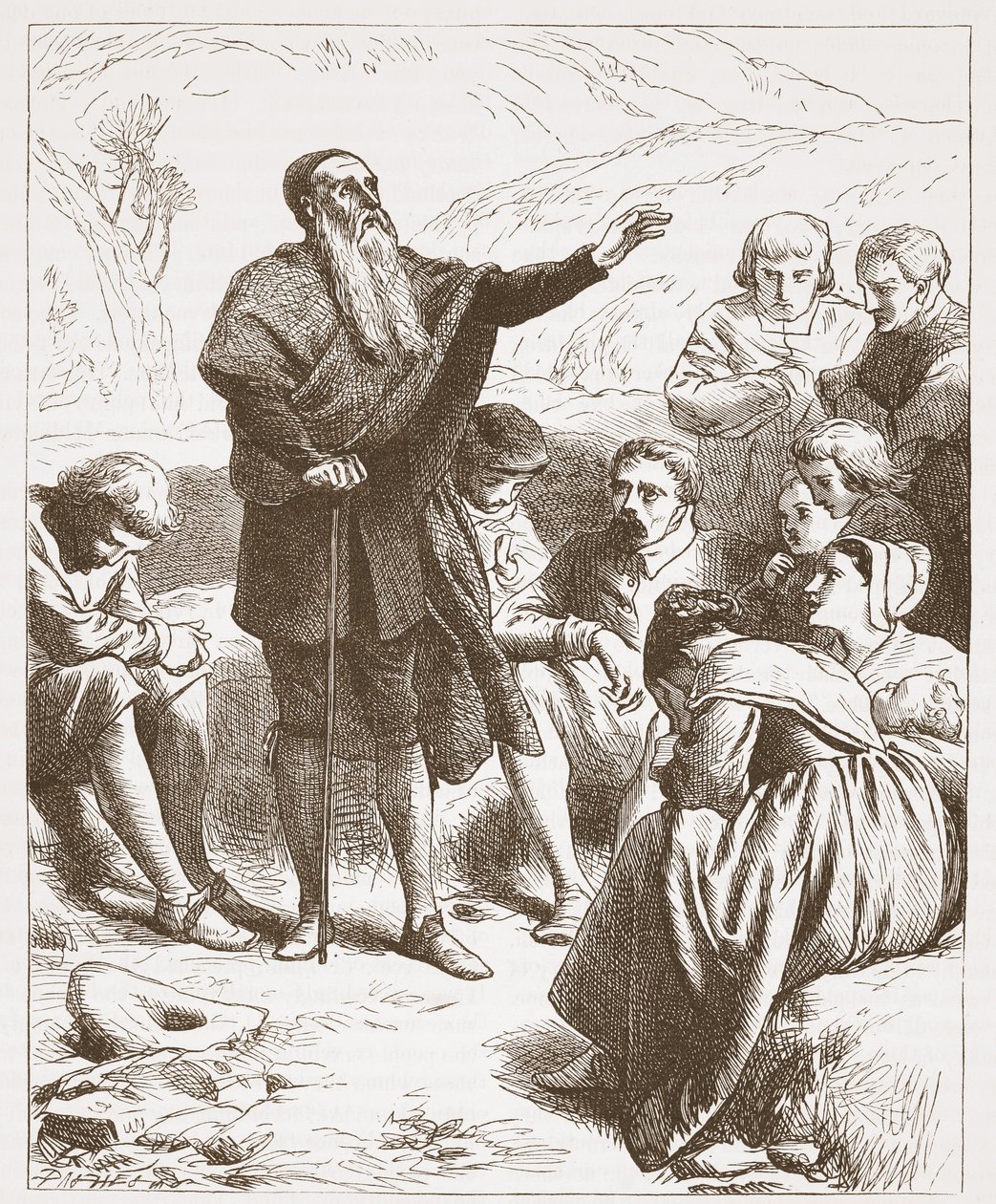 A Conventicle: Worship on the Hill-side, ilustrace z The History of Protestantism od Jamese Aitkena Wylie (1808-1890), hospoda. 1878 od English School