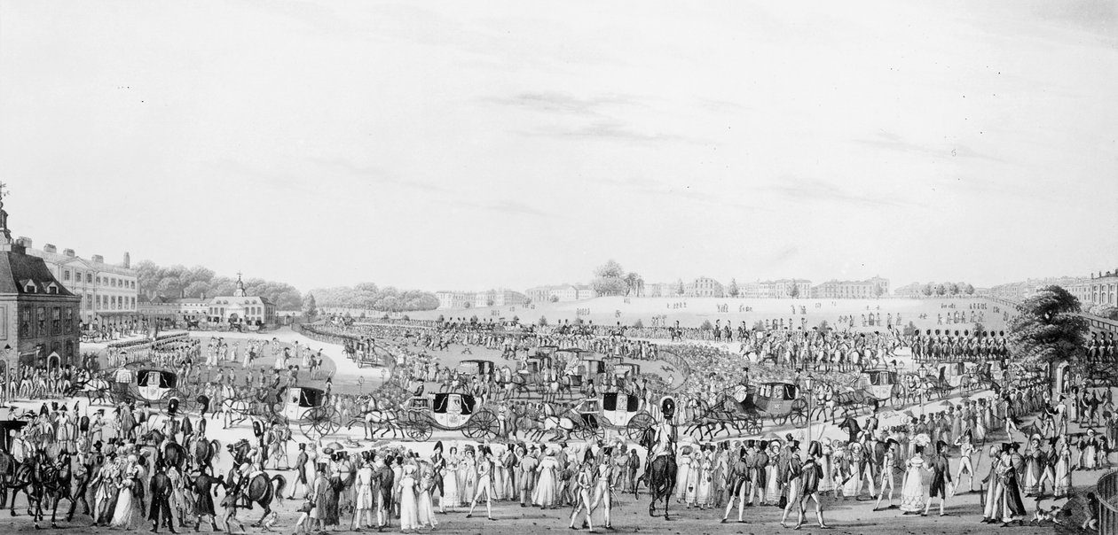 Správná reprezentace společnosti jdoucí a vracející se z přijímacího pokoje Jeho Veličenstva v Buckinghamském paláci, publikoval G, Humphrey, 25. května 1822 od English School