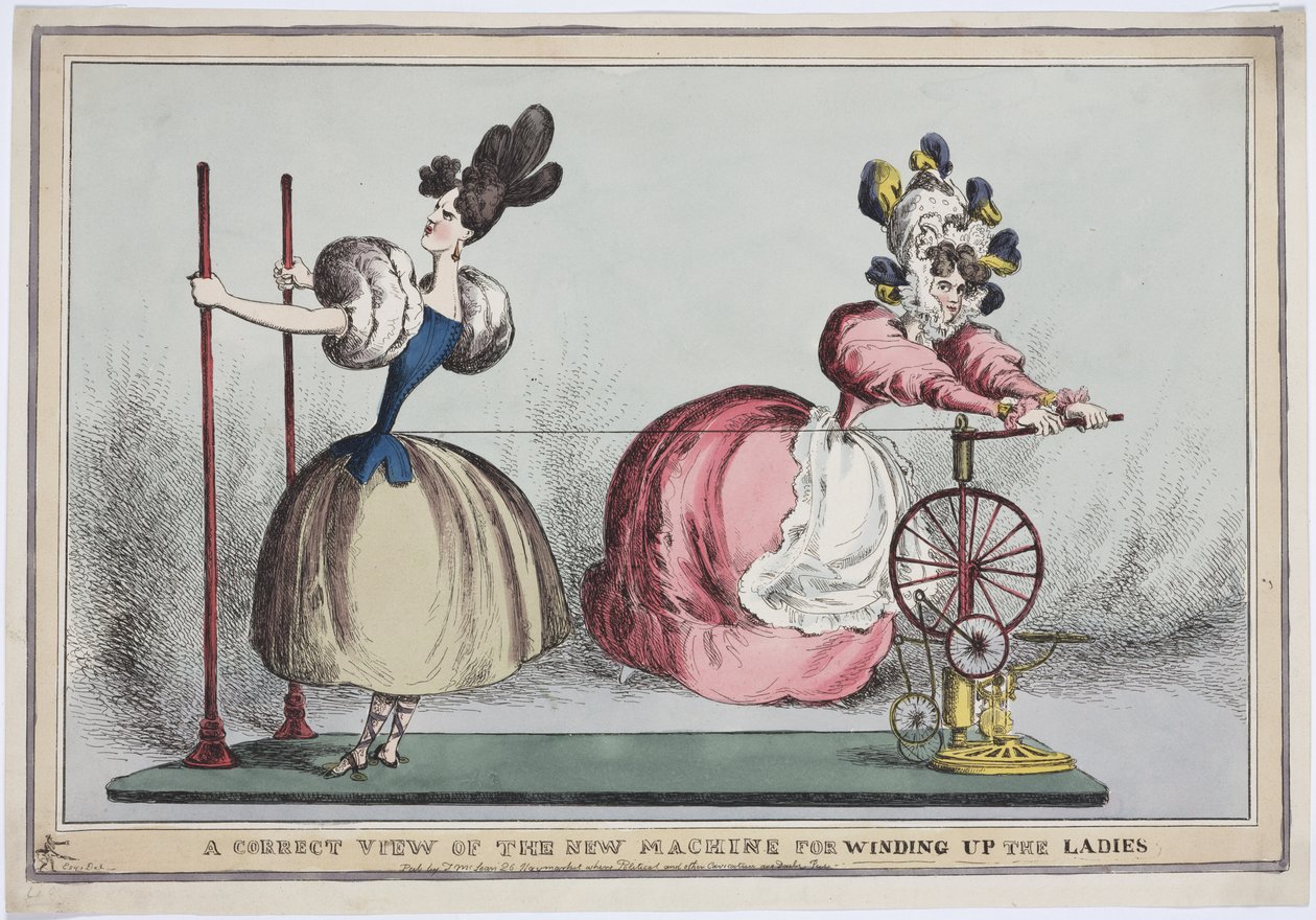 A Correct View of the New Machine for Winding Up the Ladies, publikoval Thomas McLean, kolem roku 1830 (barevný lept) od English School