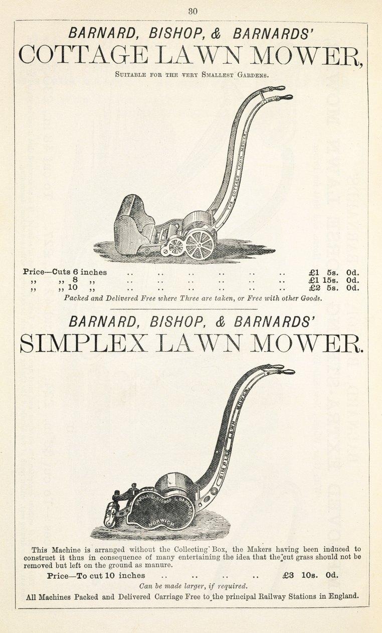 Sekačka na trávu Cottage a Simplex, ilustrace ze zahradnického katalogu, vydaného nakladatelstvím Barnard Bishop & Barnard, 1878 od English School