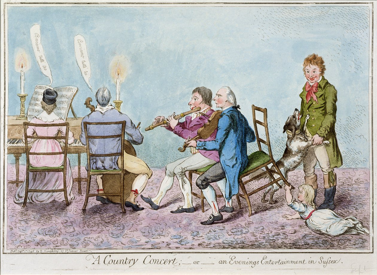Country Concert, or an Evenings Entertainment in Sussex, vydané Hannah Humphrey v roce 1798 (ručně kolorovaný lept) od English School