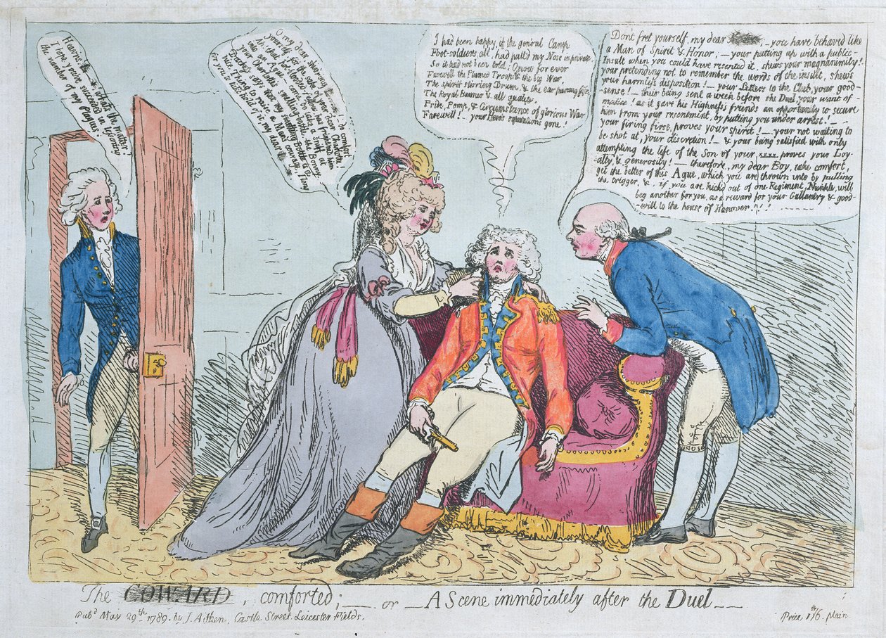 Zbabělec utěšený aneb Scéna bezprostředně po Duelu vydal J. Aitken v roce 1789 (ručně kolorovaný lept) od English School