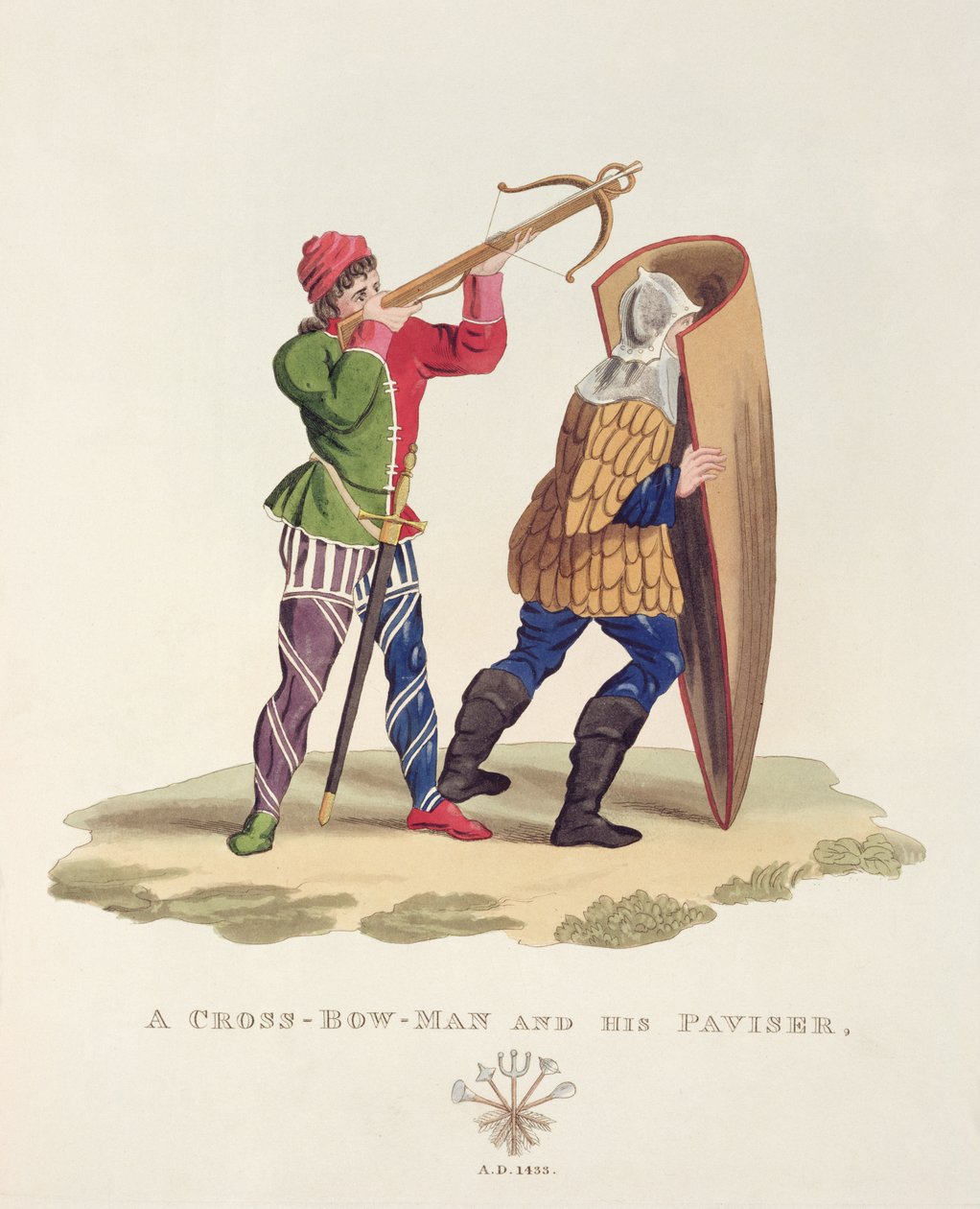 Lukostřelec a jeho Paviser, 1433, z Ancient Armor od Samuela Rushe Meyricka, 1824 od English School
