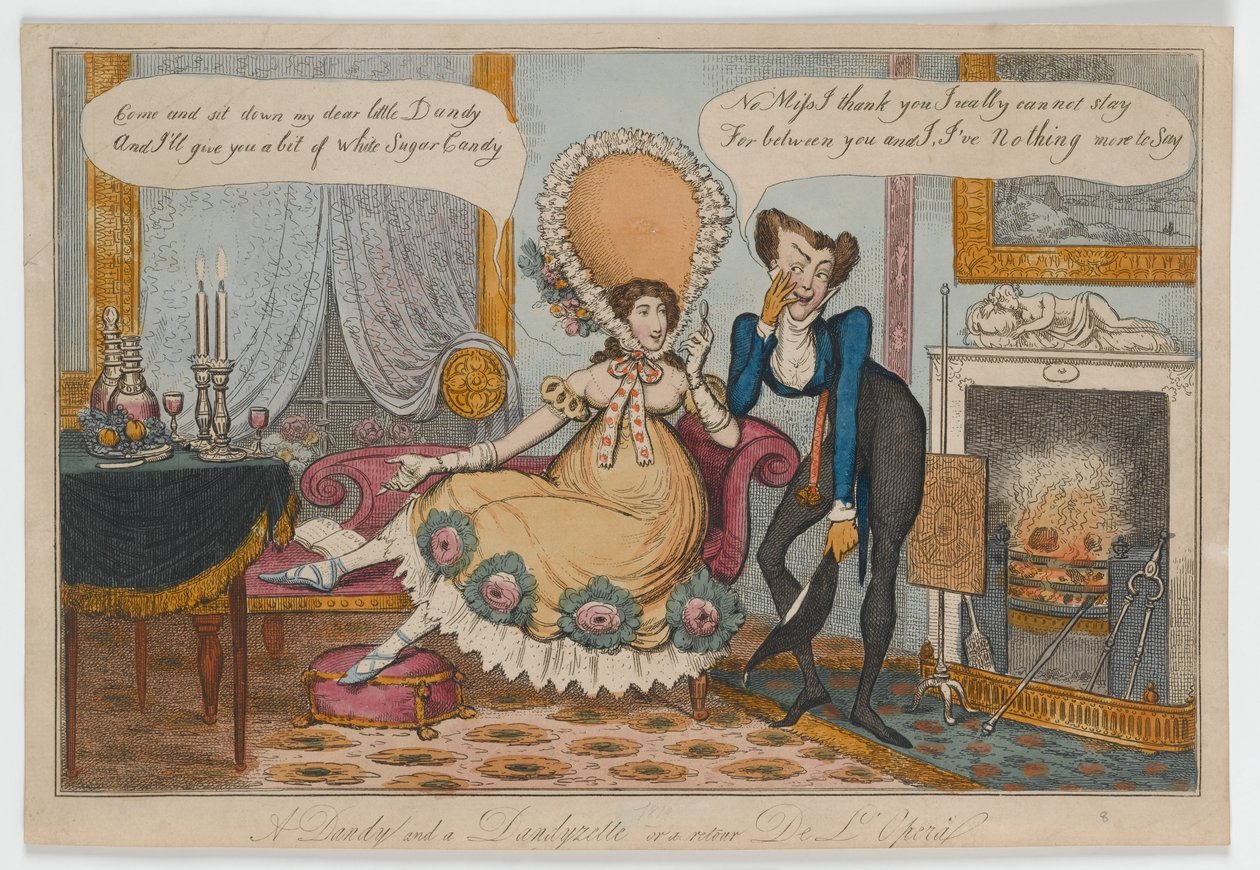 A Dandy and a Dandyzette nebo retour De LOpera, kolem 1820 (ručně kolorovaná rytina) od English School