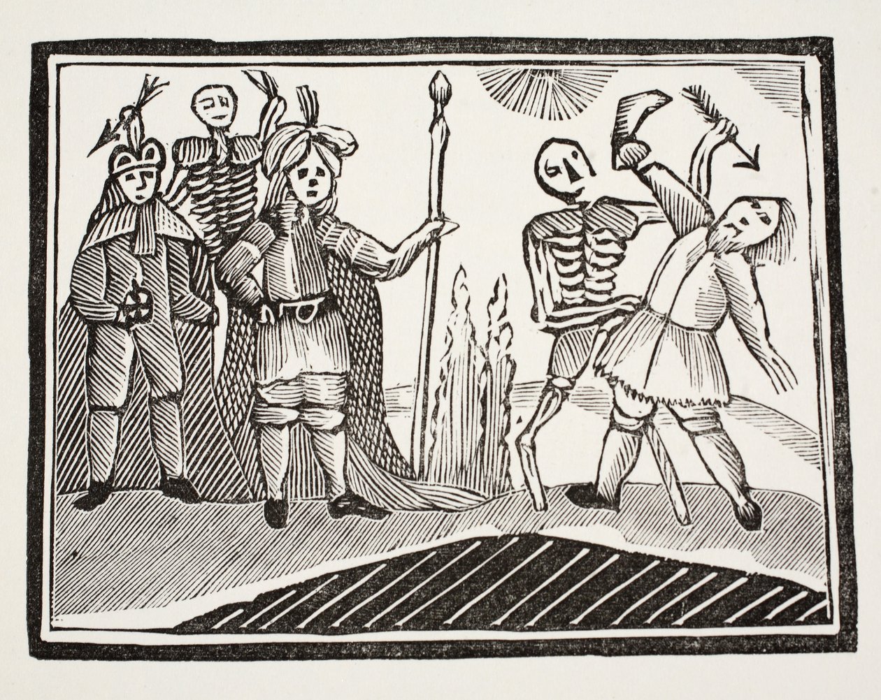 Dialog mezi slepým mužem a smrtí, ilustrace z Chap-books of the Eighteenth Century od Johna Ashtona, pub. 1882 od English School