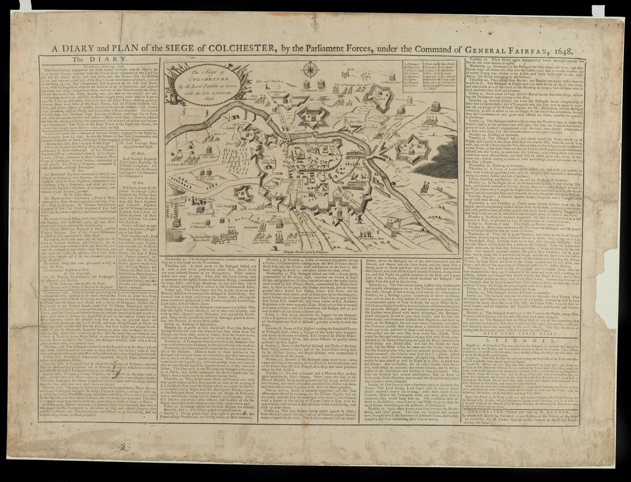 Deník a obrazový plán obléhání Colchesteru 1648, tisk a prodej W. Keymera, 1648 od English School