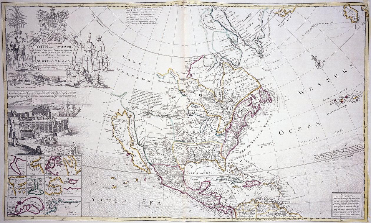 Dvoustránková mapa Severní Ameriky, c.1708-20 od English School