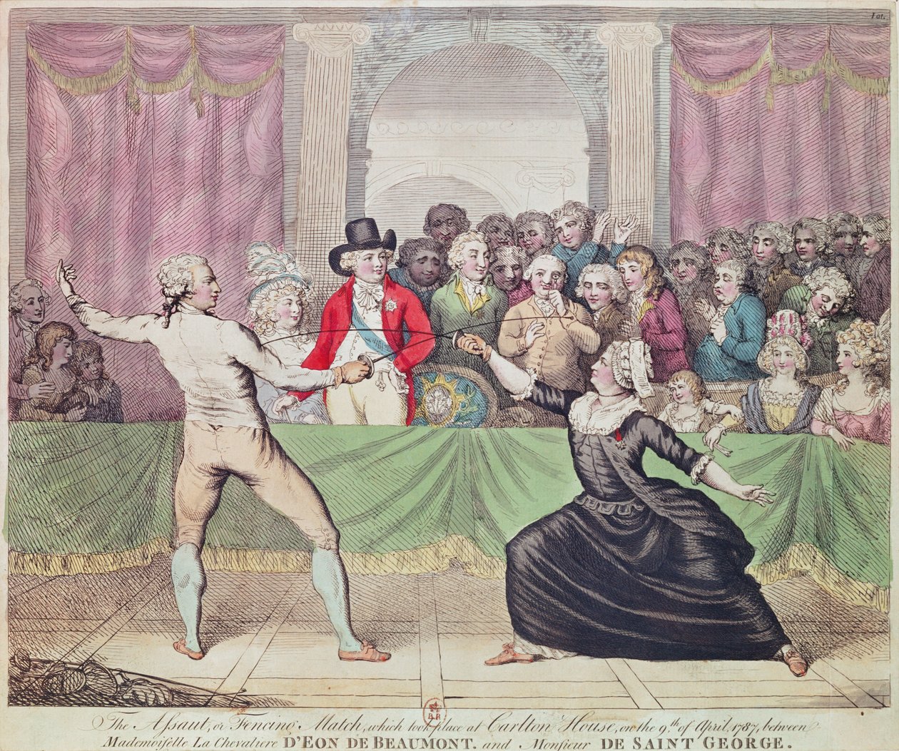 Šermířský souboj v Carlton House za přítomnosti prince regenta mezi Chevalier d"Eon, oblečený jako žena, a Monsieur de Saint-Georges, 1787 od English School