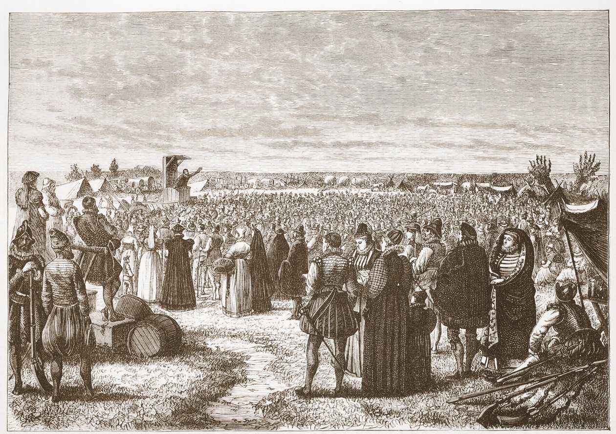 A Field-preaching near Gent, ilustrace z The History of Protestantism od Jamese Aitkena Wylie (1808-1890), hospoda. 1878 od English School
