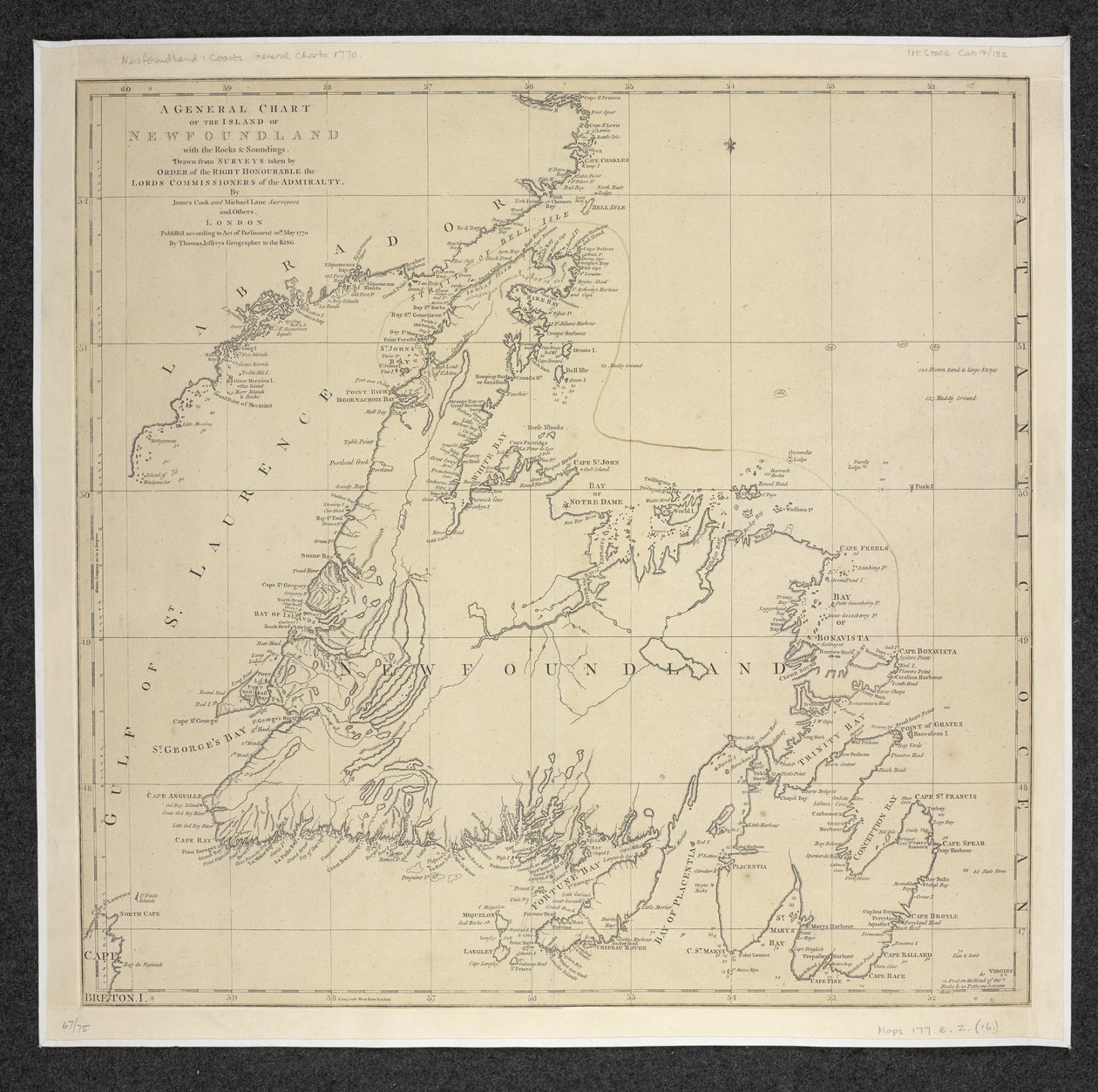 Obecná tabulka ostrova Newfoundland s kameny a sondami, čerpaná z průzkumů pořízených... James Cook a Michael Lane od English School
