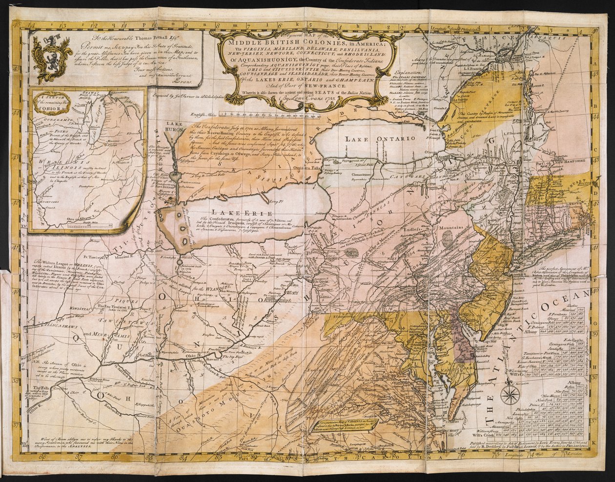 Obecná mapa středobritských kolonií v Americe; viz. Virginie, Mariland, Delaware, Pensilvania, New-Jersey, New York, Connecticut a Rhode Island: z Aquanishuonîgy, země konfederačních indiánů. . . Z jezer Erie, Ontario a Ch od English School