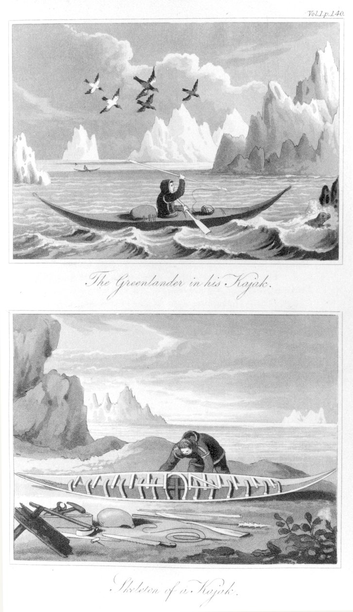 Grónan a jeho kajak, z Historie Grónska od Davida Crantze, 1820 od English School
