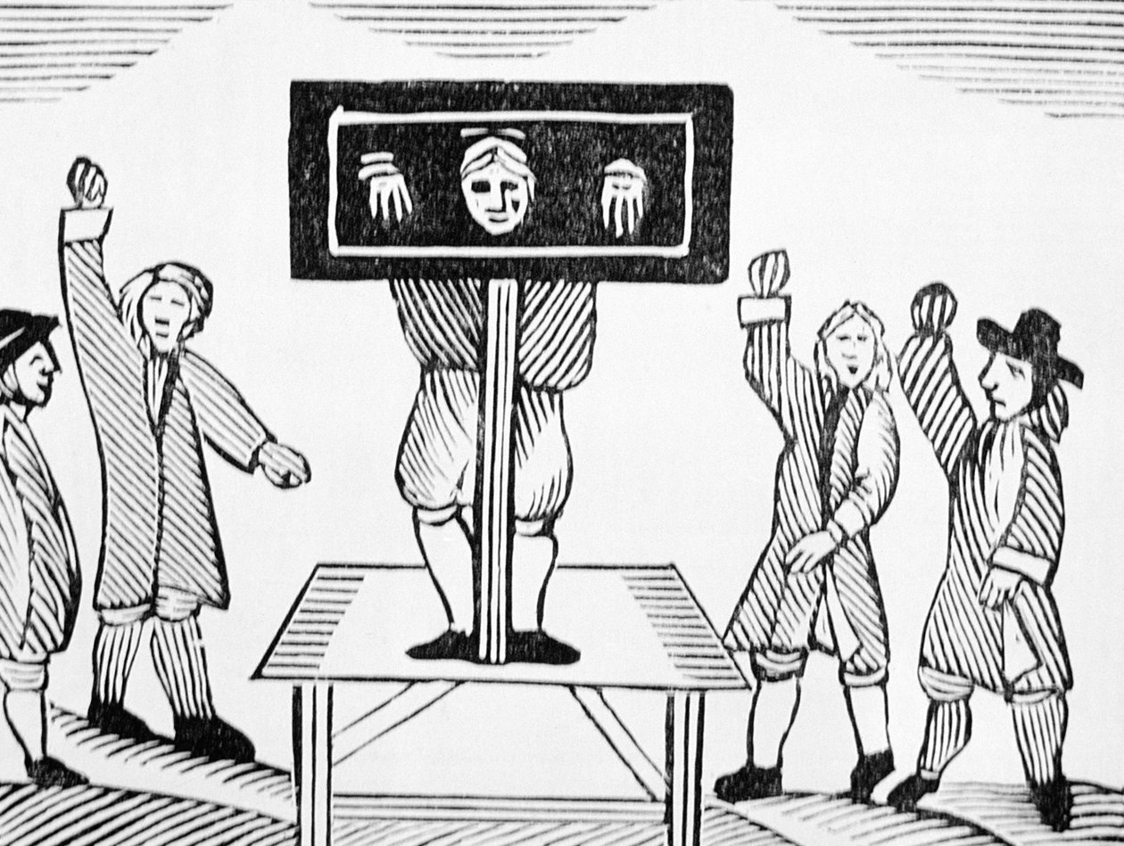 Vinný muž ve vesnickém pranýři, kopie ilustrace ze 16. století ze sbírky esoterických knih od English School
