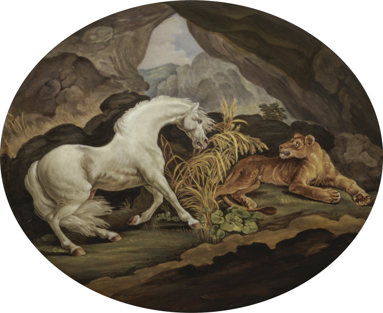 Kůň vystrašený lvicí podle George Stubbse (1724-1806) (smaltovaná plaketa) od English School
