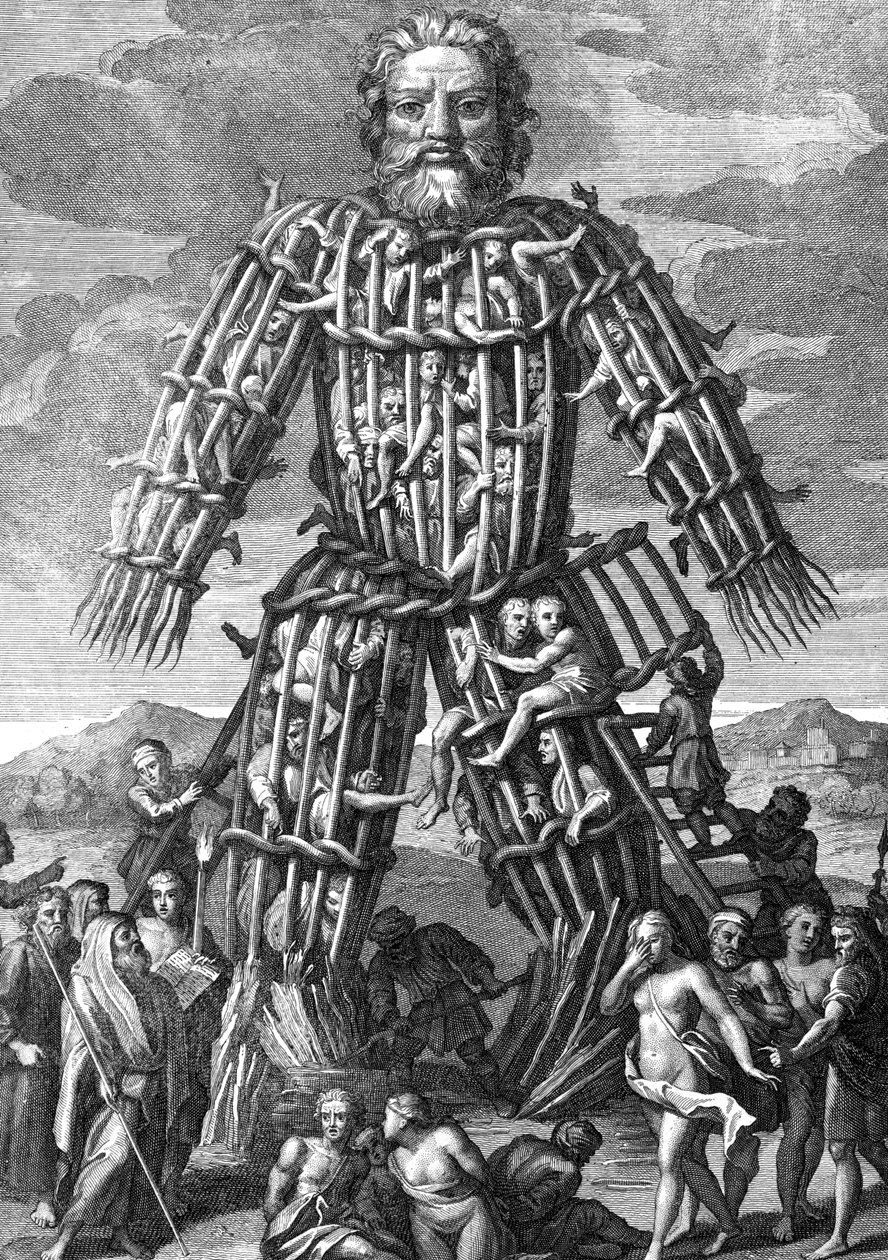 Obrovský kolos vyrobený z vrbových větviček, ve kterém byli muži upáleni zaživa na Poctu bohům, vyryl Cornelis Huyberts, ilustrace ke komentářům Caesars přeložil do angličtiny William Duncan, od English School