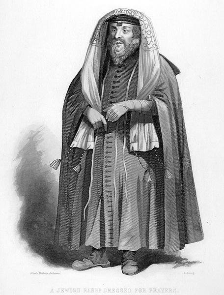Židovský rabín se obléká pro modlitby, vyryl R. Young, z knihy „World Religion“, vydané nakladatelstvím A. Fullarton & Co. (rytina) od English School