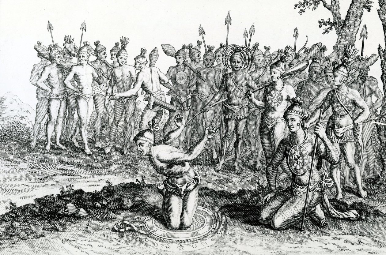 Král Floridy, který se radil se svým kouzelníkem předtím, než šel do bitvy, ilustrace převzata z Moores Voyages and Travels, 1778 od English School