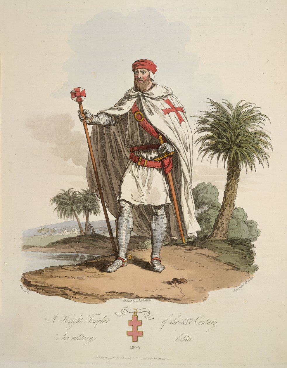 Templářský rytíř, ilustrace z „Kostým původních obyvatel Britských ostrovů od nejstarších období do šestého století, k nimž se přidává kostým gótských národů na západním pobřeží Baltského moře, předků Anglo od English School