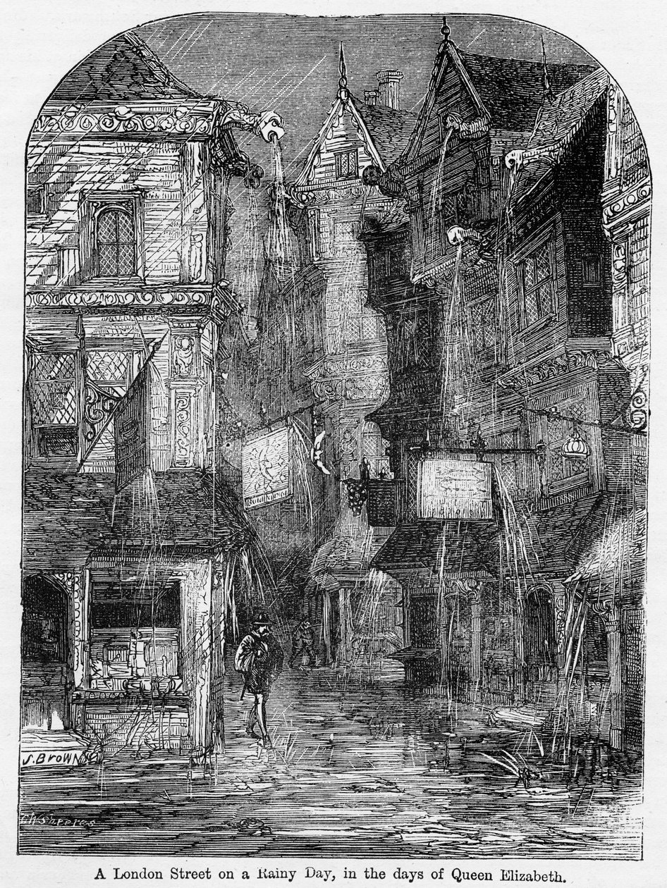 Londýnská ulice za deštivého dne, ve dnech královny Alžběty, ilustrace z „Cassell
