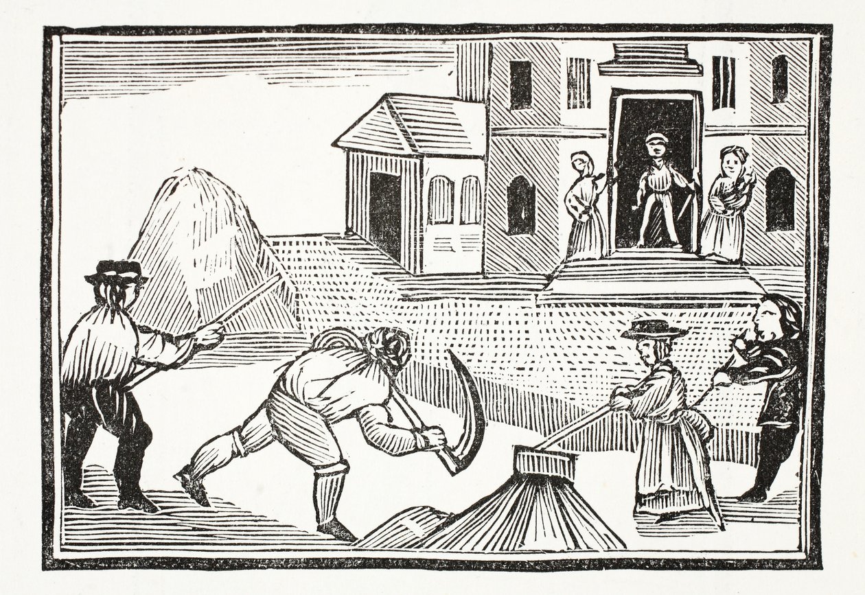 Muž kosící trávu kosou, který zabral vše před tím, ilustrace z Chap-books of the Eighteenth Century od Johna Ashtona, hospoda. 1882 od English School