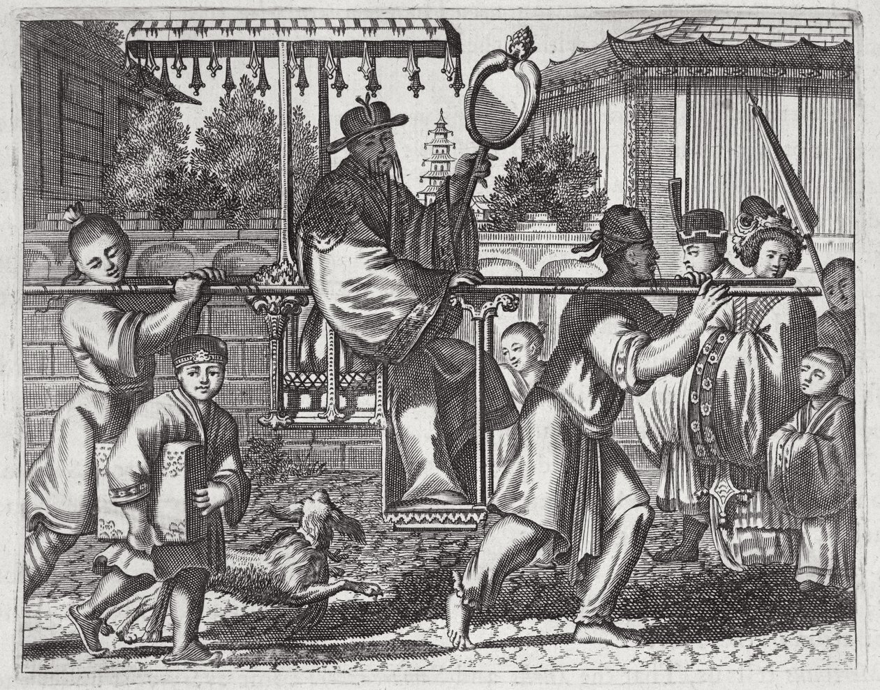 Mandarin in a Sedan Chair, ilustrace z popisu velvyslanectví v Číně, 1690 od English School