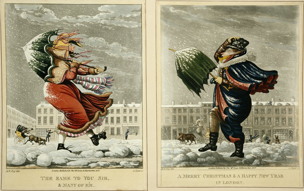 Veselé Vánoce a šťastný nový rok v Londýně: A totéž vám, pane a mnozí z Em, vyryto G. Huntem, 1827 od English School