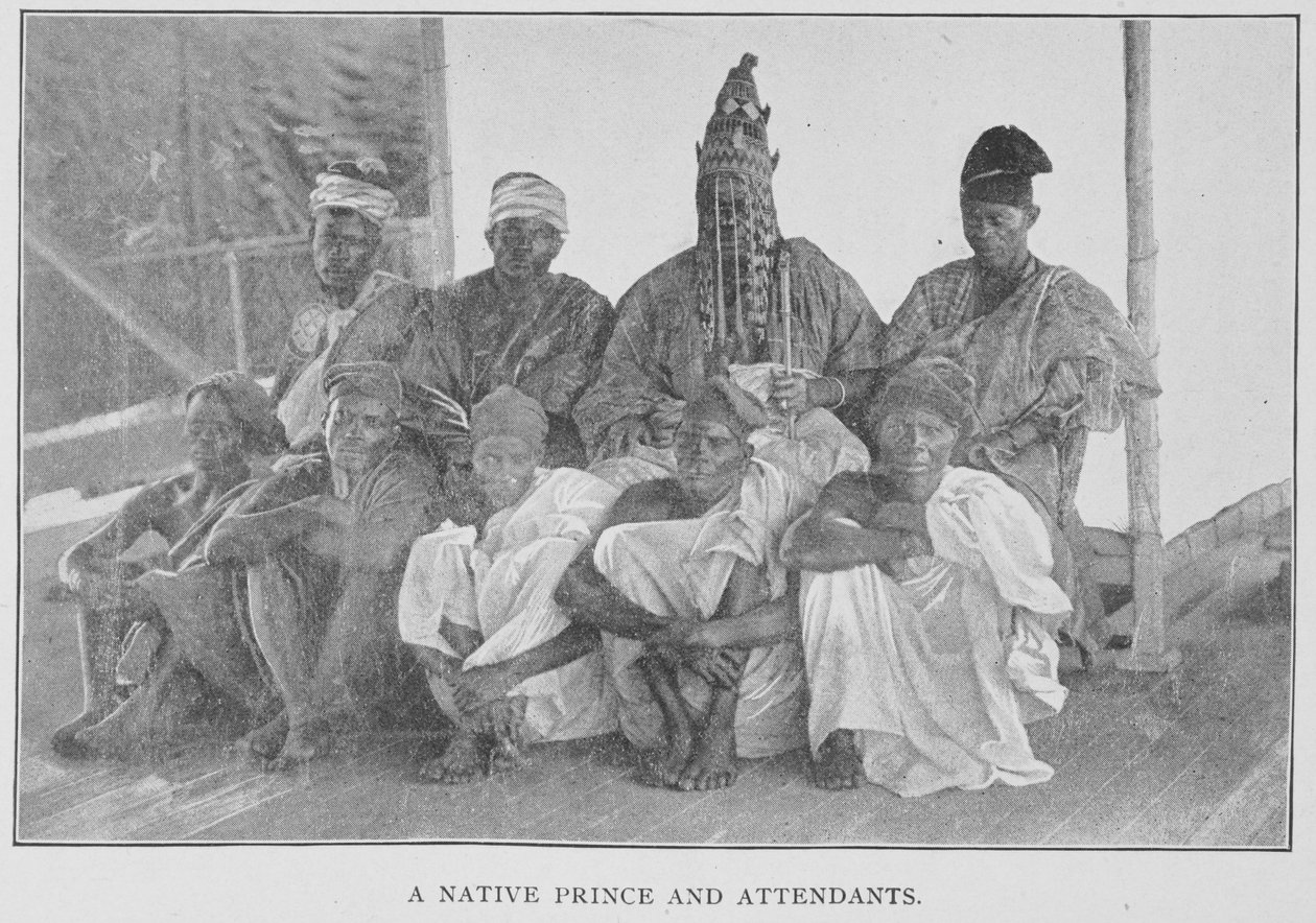 Domorodý princ a průvodci, ilustrace z „V Africe les a džungle: aneb šest let mezi Joruby“, od reverenda Richarda H. Stonea, kolem roku 1899 (fotomechanický tisk) od English School