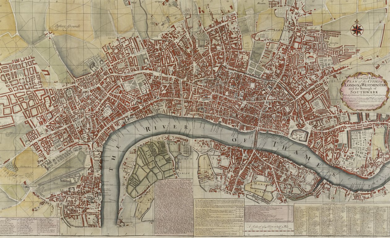 Nový a přesný plán měst Londýna a Westminsteru a čtvrti Southwark, 1725 od English School