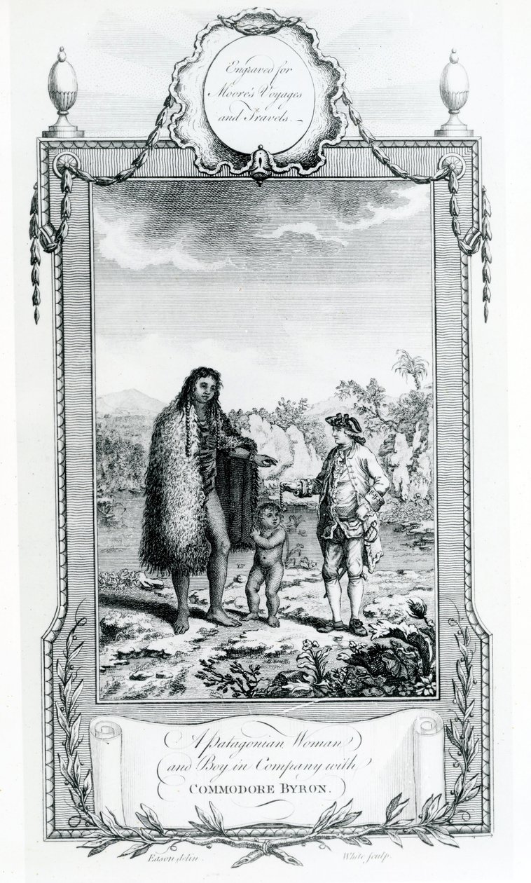 Patagonská žena a chlapec ve společnosti komodora Byrona, ilustrace převzata z Moores Voyages and Travels, 1778 od English School