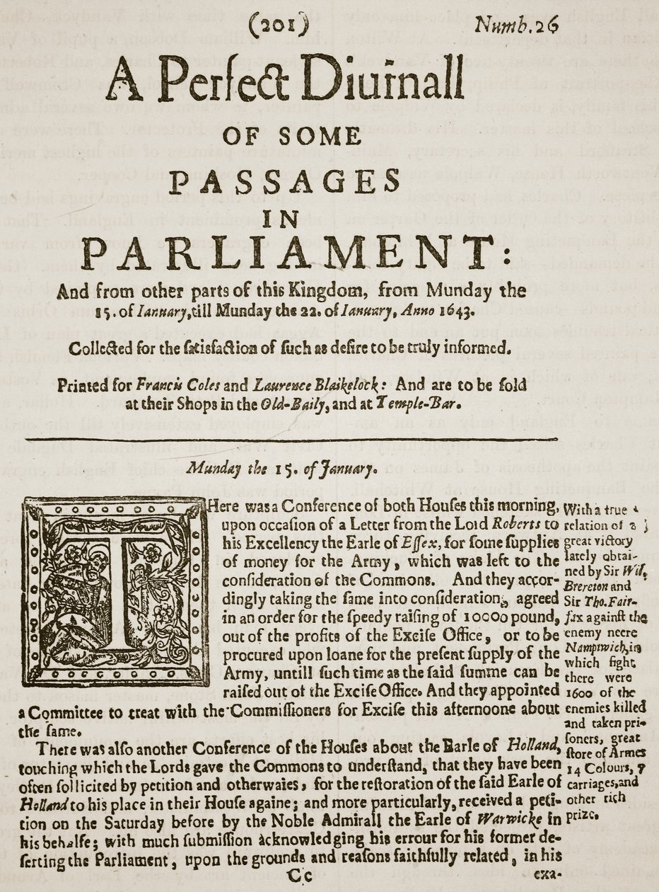 A Perfect Diurnall, faksimile titulní strany čísla 26 z roku 1643, ilustrace z Cassells Illustrated History of England (sépiová fotografie) od English School