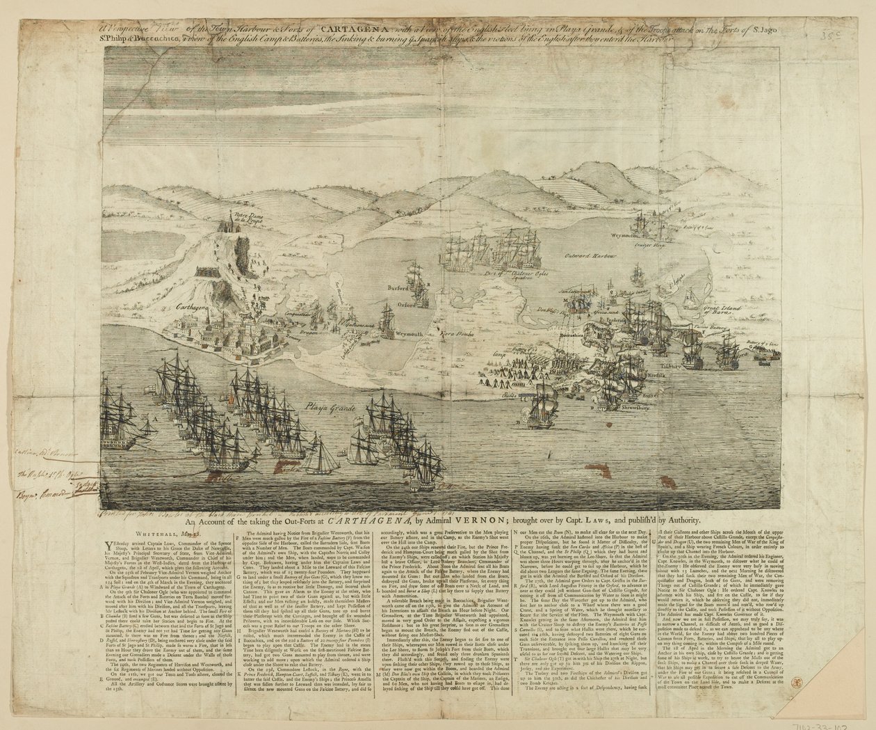 Perspektivní návrh města, přístavu a pevností Carthagena v roce 1739, vydaný 1741 (čárová rytina) od English School