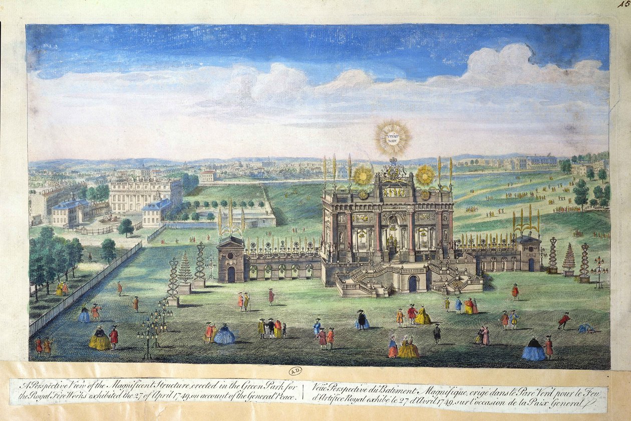 Perspektivní pohled na velkolepou stavbu postavenou v Zeleném parku pro královský ohňostroj v roce 1749 od English School